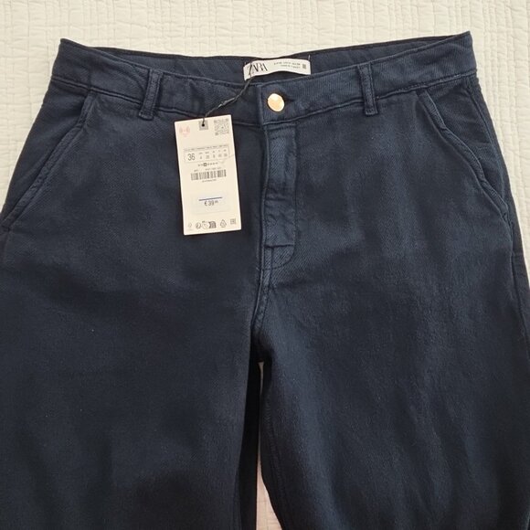 Zara Wide Leg Pants Women's 4 (32x32) Navy Blue NEW NWT 100% Cotton Supersoft - Picture 8 of 15